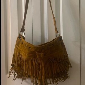 New! Suede Faux Leather Fringed Purse. Color: Caramel. 6”D x 11”H x 12”W.